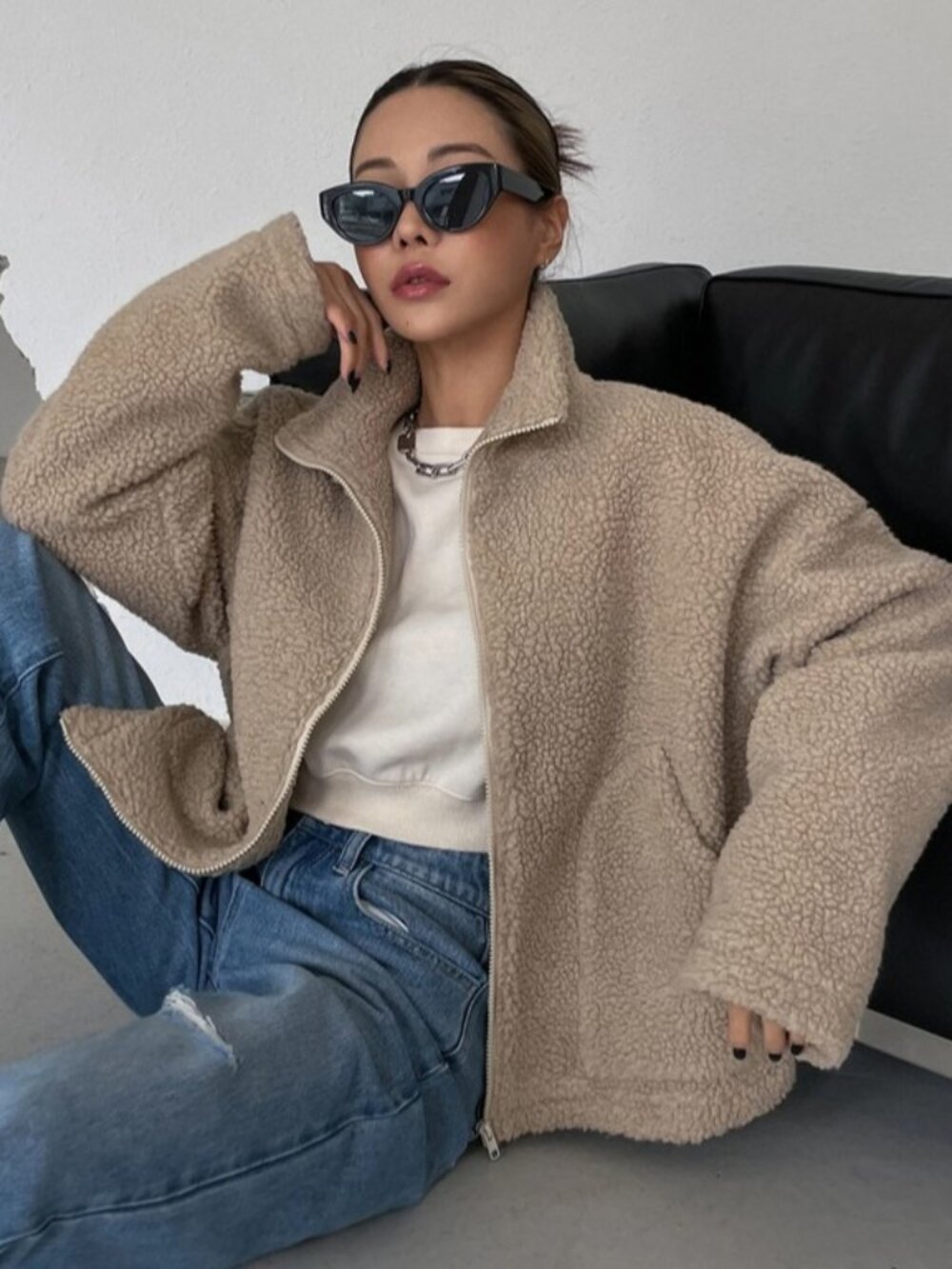 Shein DAZY Teddy Sherpa Jacket Juniors Large Taupe Beige Womens Coat Oversized